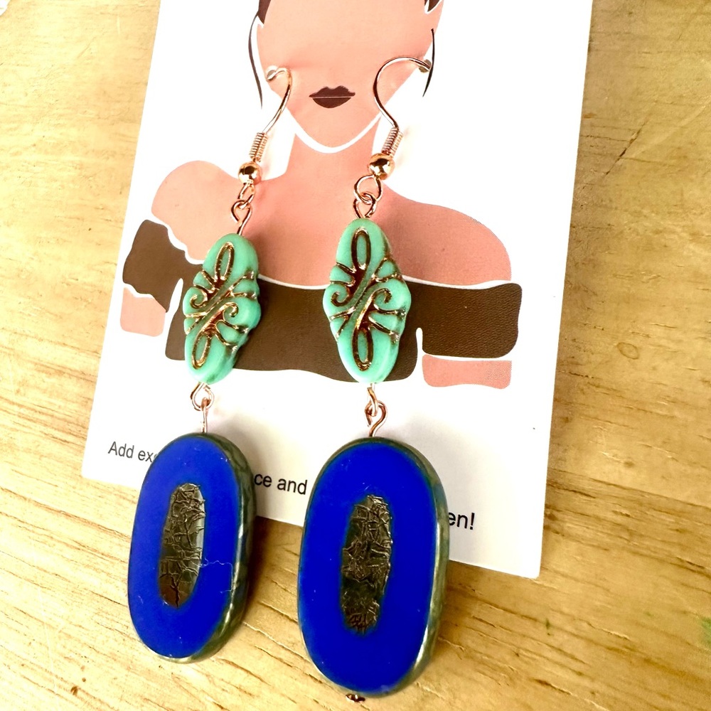 Hand crafted Bohemian Blue and Turquoise Czech Glass Earrings - Picture 2 of 4